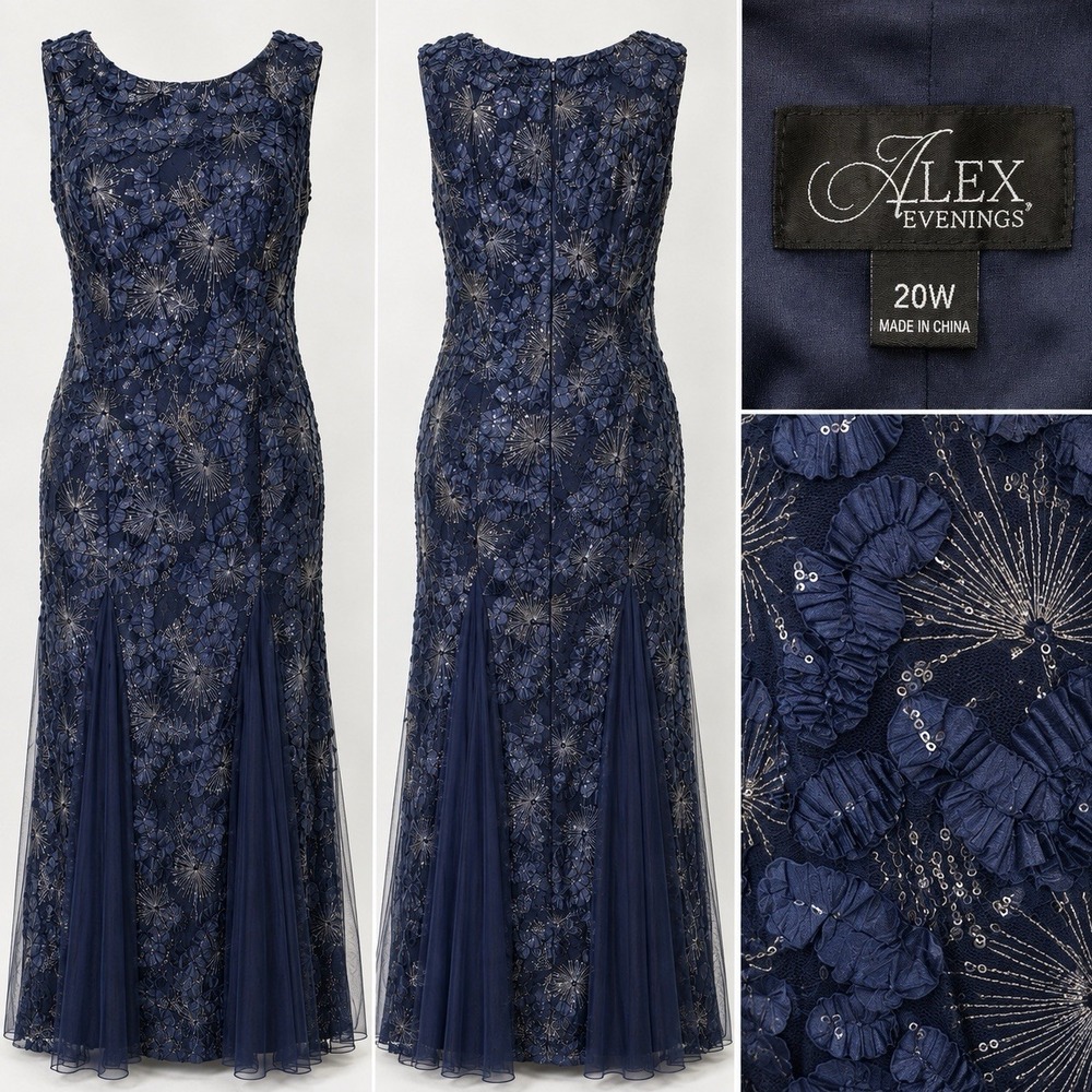 Alex Evenings Ribbon Embroidered Sequins Long Gown Navy Sz 20 Formal Trumpet